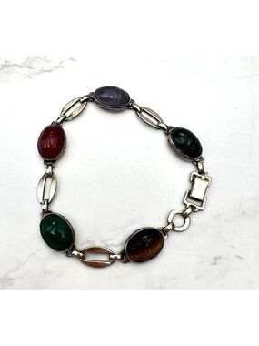 Vintage 1950s Sterling Silver and Gold Wash Scarab Bracelet With Genuine Gemston